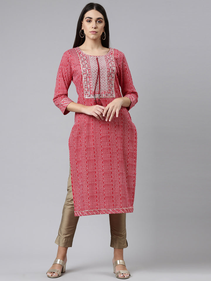 Neerus Red cotton printed kurta ethnic motifs - front view