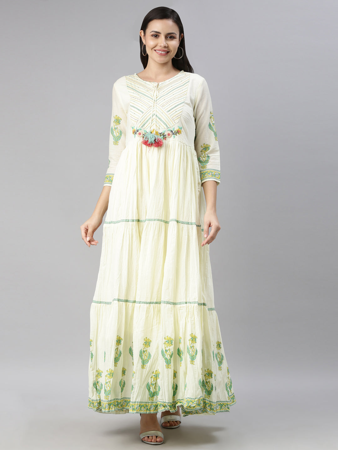 Neerus Women Lime Green  Cream-Coloured Floral Embroidered Thread Work Anarkali Kurta