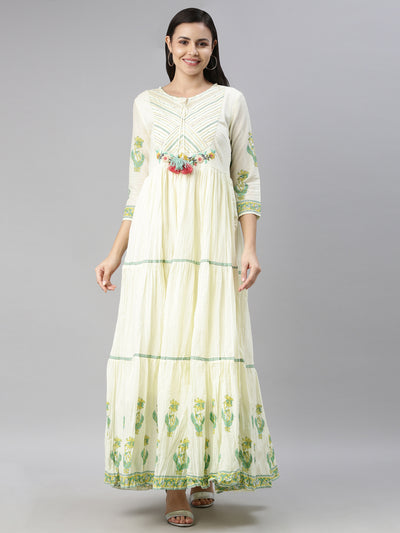 Neerus Women Lime Green  Cream-Coloured Floral Embroidered Thread Work Anarkali Kurta