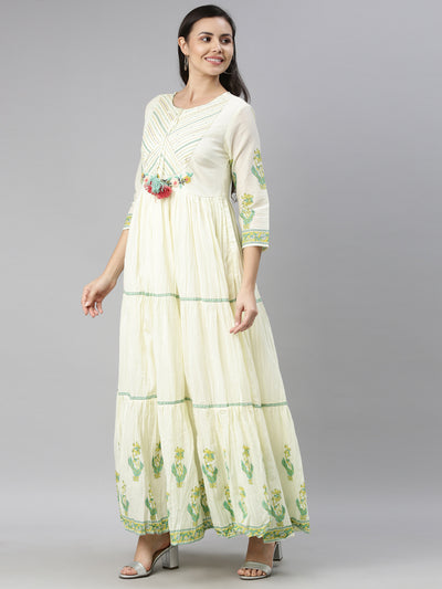 Neerus Women Lime Green  Cream-Coloured Floral Embroidered Thread Work Anarkali Kurta