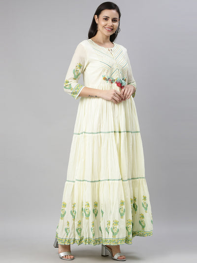 Neerus Women Lime Green  Cream-Coloured Floral Embroidered Thread Work Anarkali Kurta