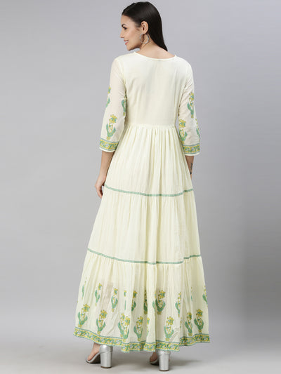 Neerus Women Lime Green  Cream-Coloured Floral Embroidered Thread Work Anarkali Kurta
