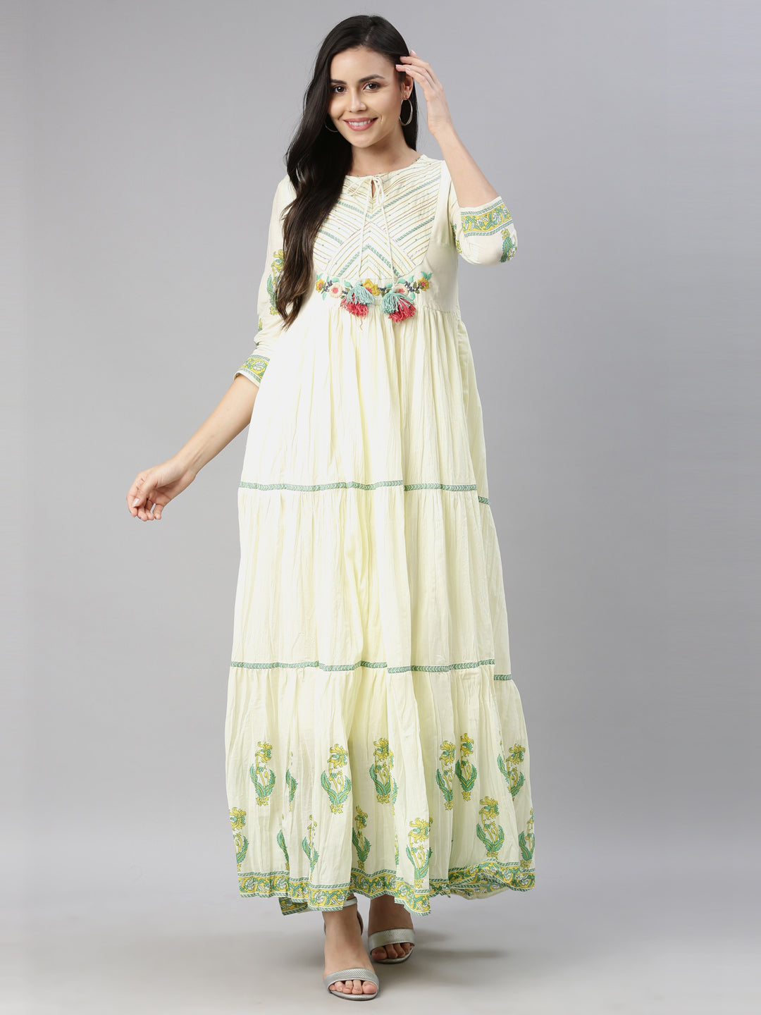 Neerus Women Lime Green  Cream-Coloured Floral Embroidered Thread Work Anarkali Kurta