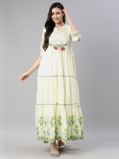 Neerus Women Lime Green  Cream-Coloured Floral Embroidered Thread Work Anarkali Kurta