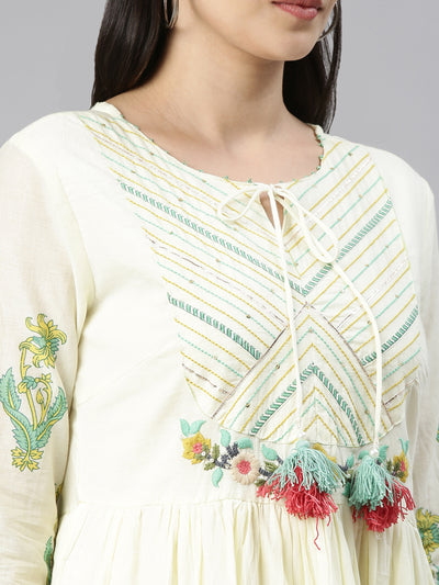 Neerus Women Lime Green  Cream-Coloured Floral Embroidered Thread Work Anarkali Kurta