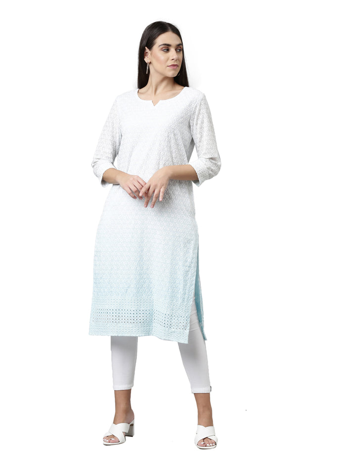 Neerus Blue cotton chikankari kurti - front view