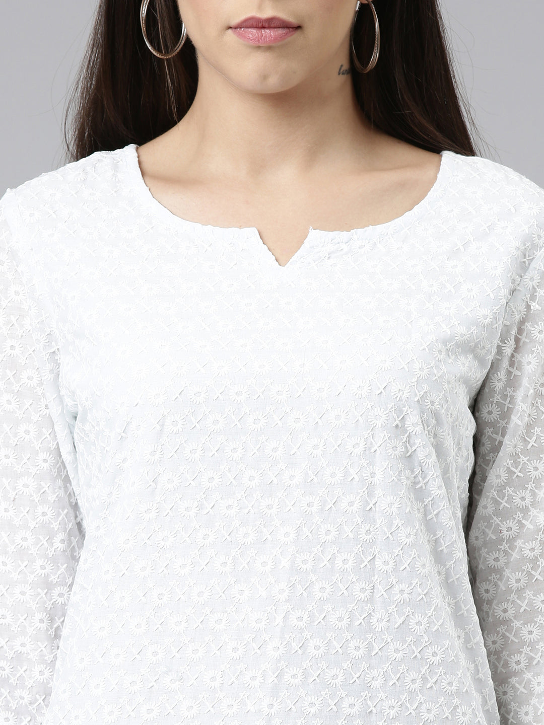Neerus Blue cotton chikankari kurti - detail view 1