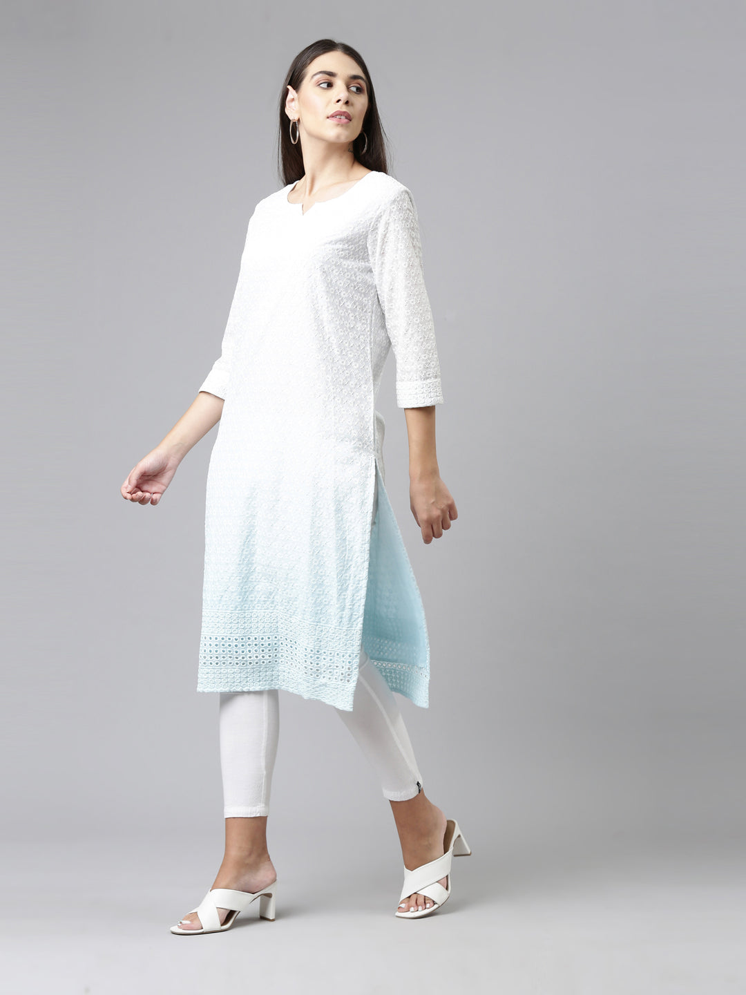 Neerus Blue cotton chikankari kurti - back view