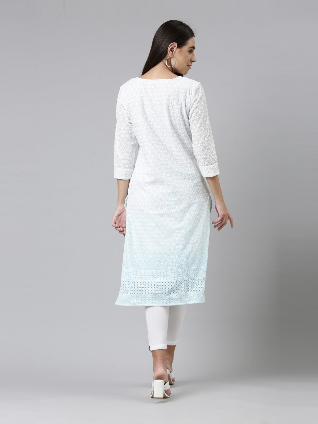 Neerus Blue cotton chikankari kurti - side view