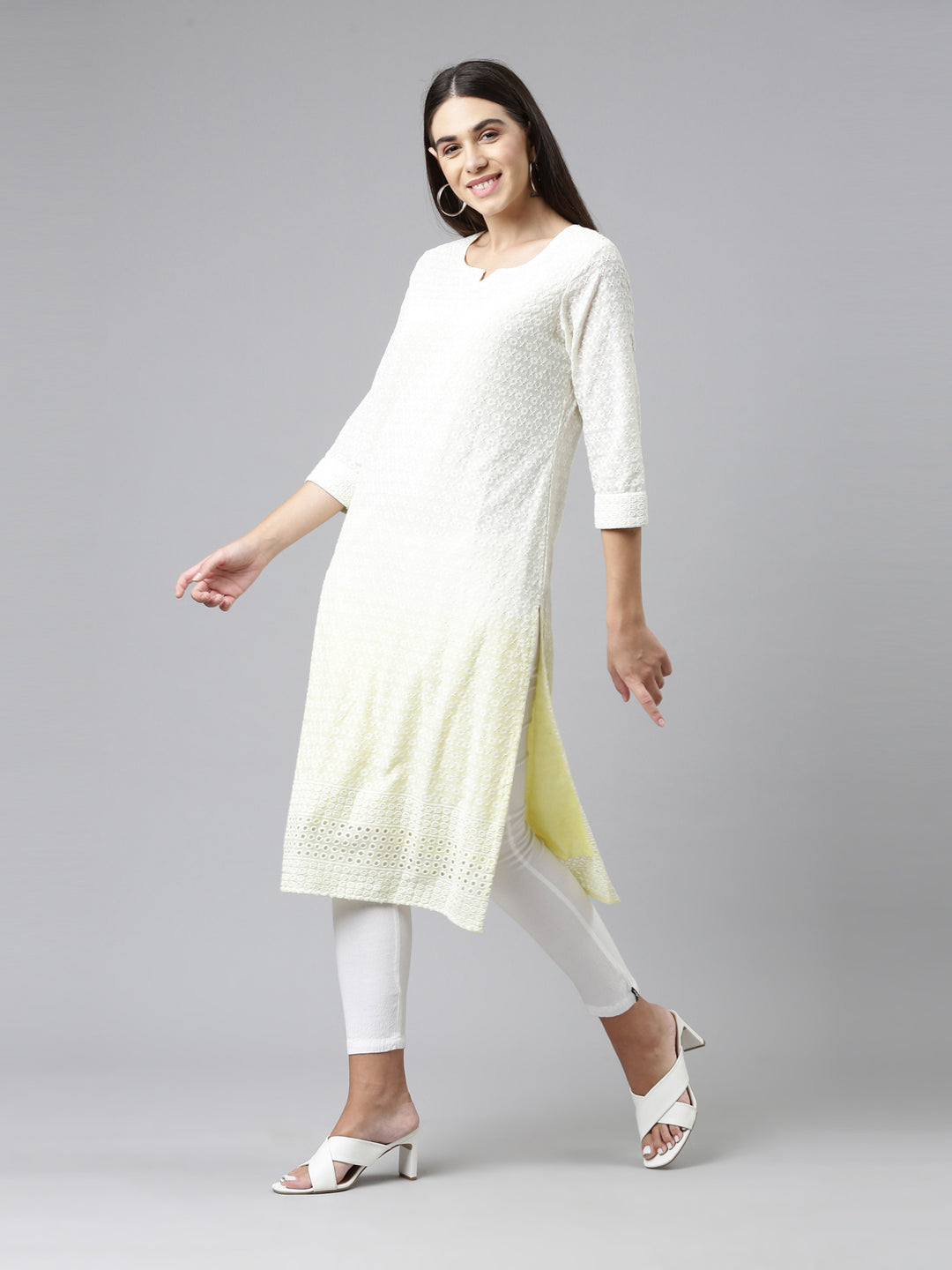 Neerus Lemon Color Chiken Fabric Kurta