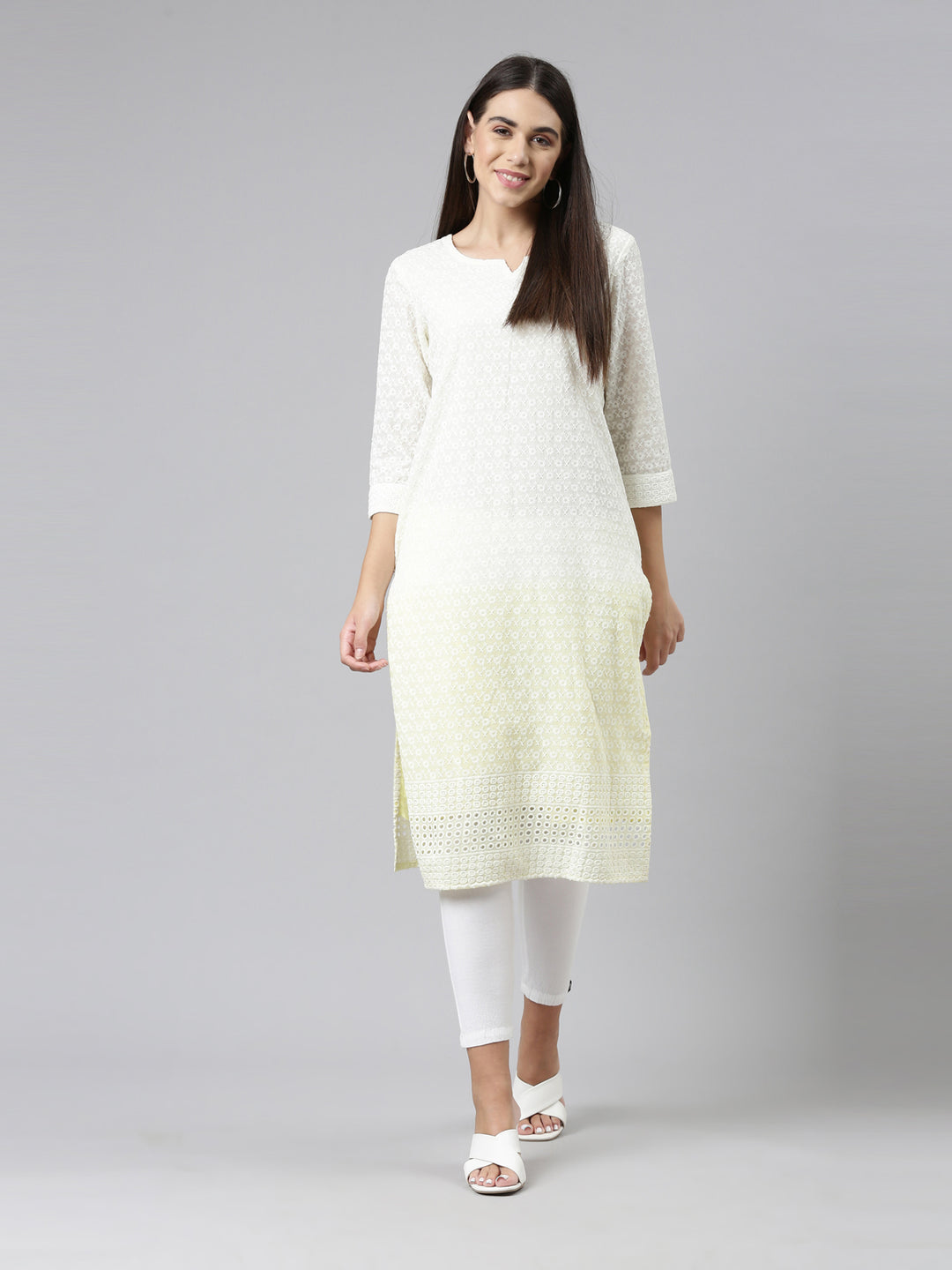 Neerus Lemon Color Chiken Fabric Kurta