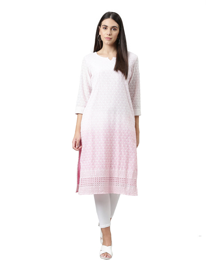Neerus Women Pink Ethnic Motifs Embroidered Chikankari Kurta