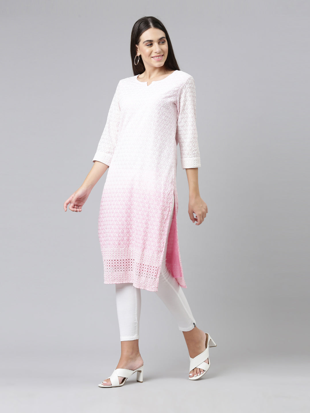 Neerus Women Pink Ethnic Motifs Embroidered Chikankari Kurta