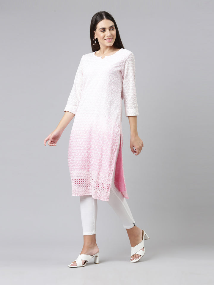 Neerus Women Pink Ethnic Motifs Embroidered Chikankari Kurta