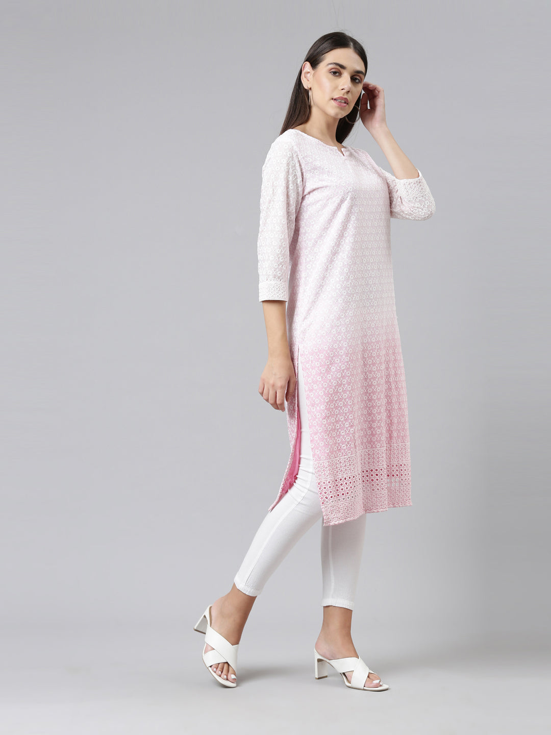 Neerus Women Pink Ethnic Motifs Embroidered Chikankari Kurta