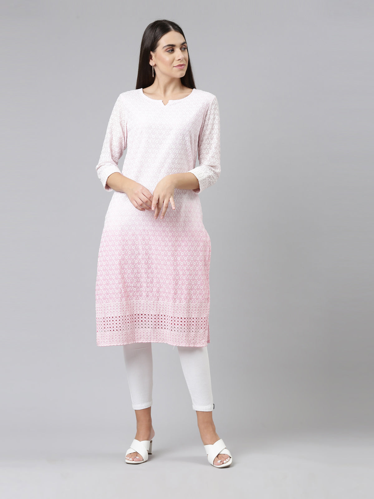 Neerus Women Pink Ethnic Motifs Embroidered Chikankari Kurta