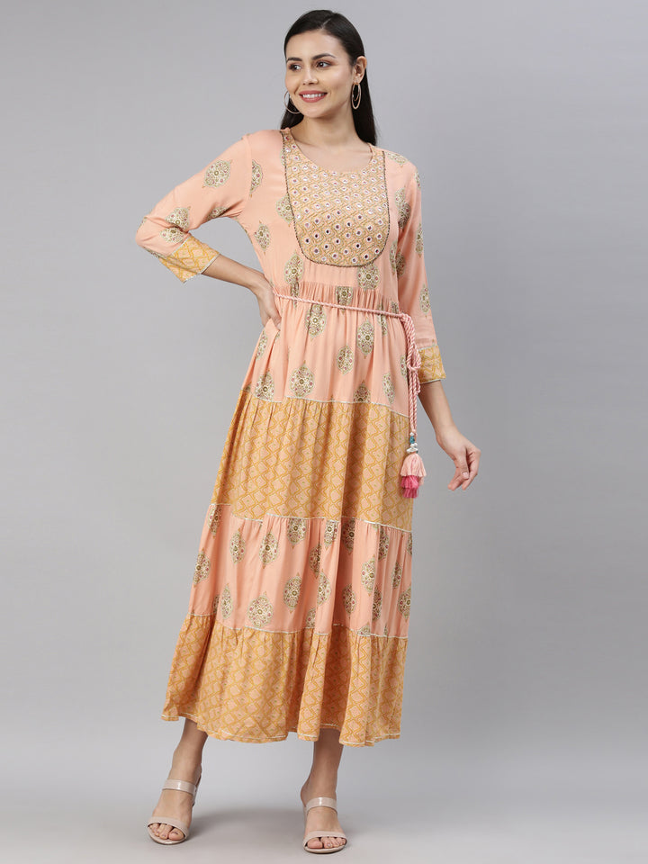 Neerus Women Peach-Coloured Floral Printed Fit  Flare Midi Dress