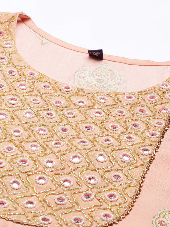 Neerus Women Peach-Coloured Floral Printed Fit  Flare Midi Dress