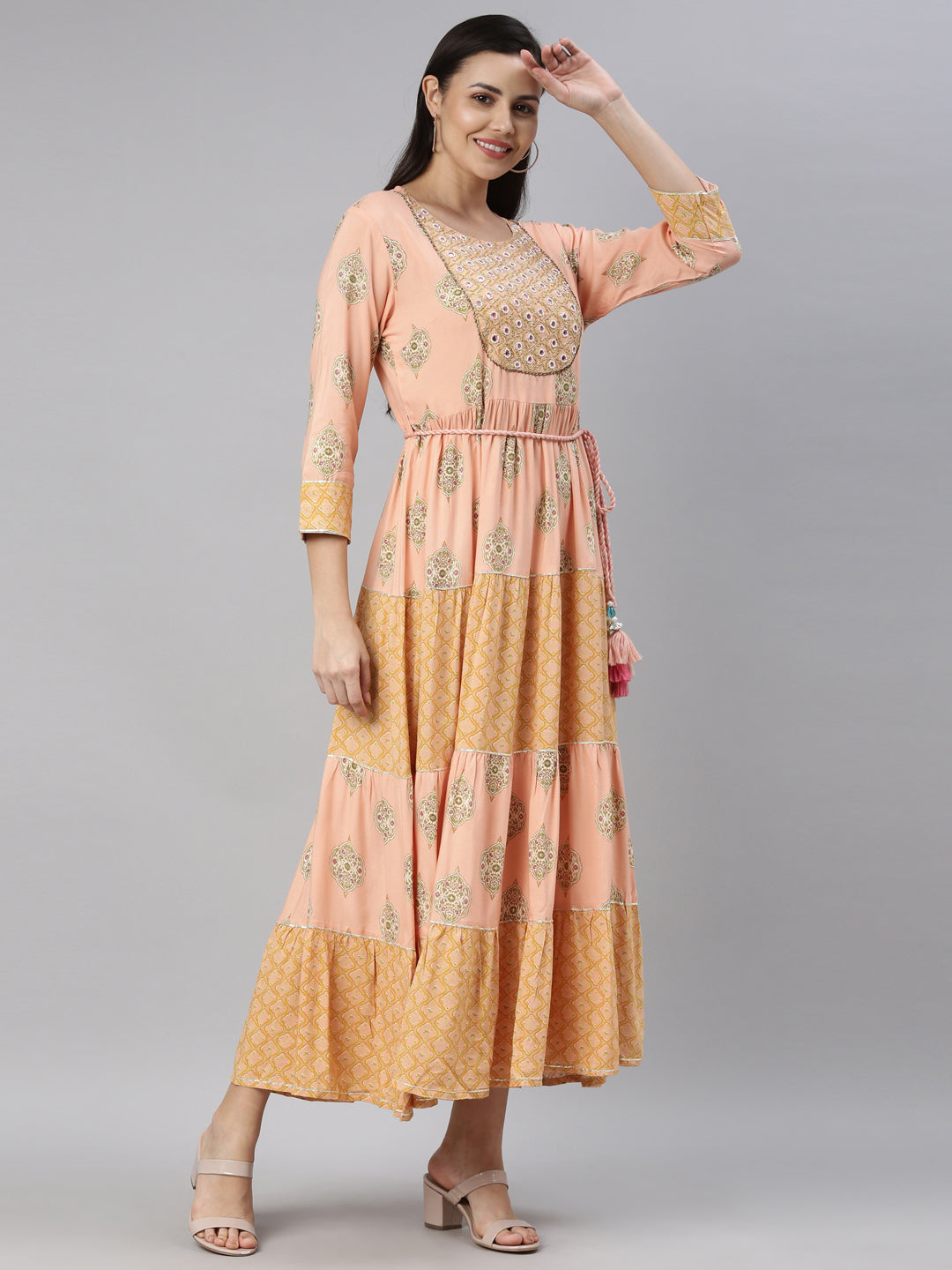 Neerus Women Peach-Coloured Floral Printed Fit  Flare Midi Dress