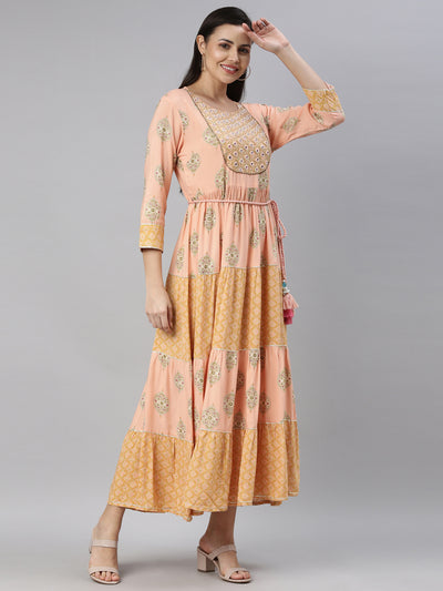 Neerus Women Peach-Coloured Floral Printed Fit  Flare Midi Dress