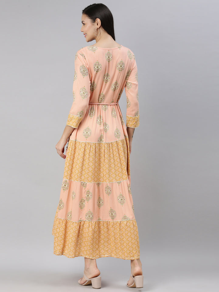 Neerus Women Peach-Coloured Floral Printed Fit  Flare Midi Dress