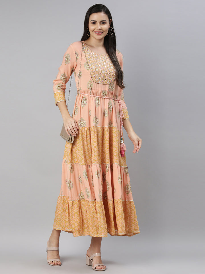 Neerus Women Peach-Coloured Floral Printed Fit  Flare Midi Dress