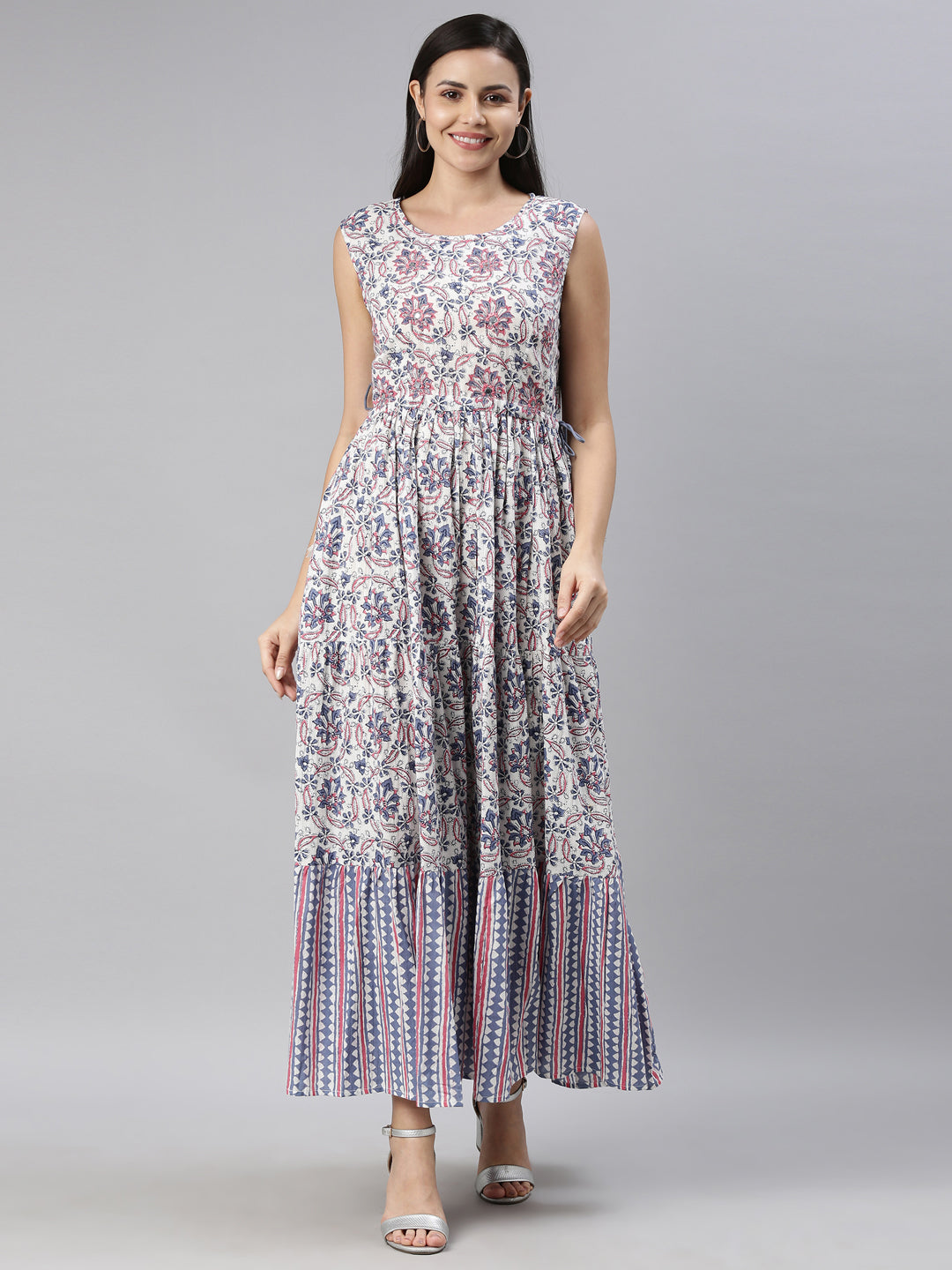 Neerus Women White  Blue Floral Printed Cotton Anarkali Kurta