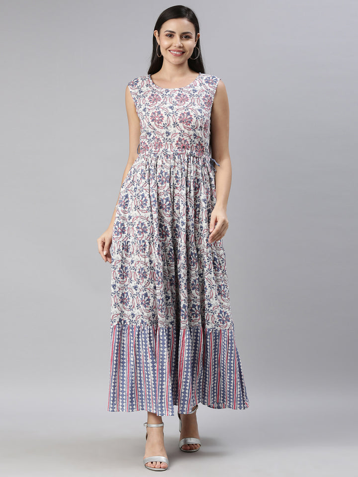 Neerus Women White  Blue Floral Printed Cotton Anarkali Kurta