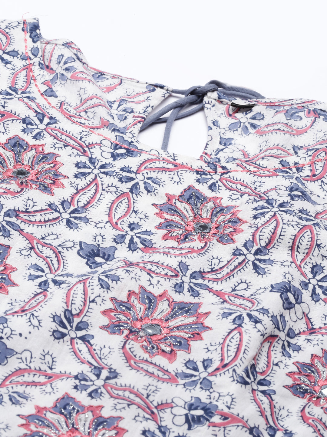 Neerus Women White  Blue Floral Printed Cotton Anarkali Kurta