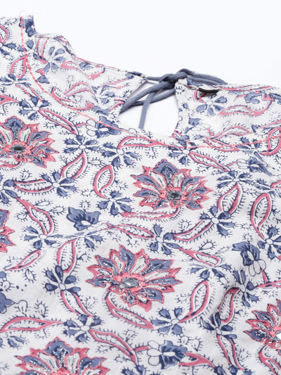 Neerus Women White  Blue Floral Printed Cotton Anarkali Kurta