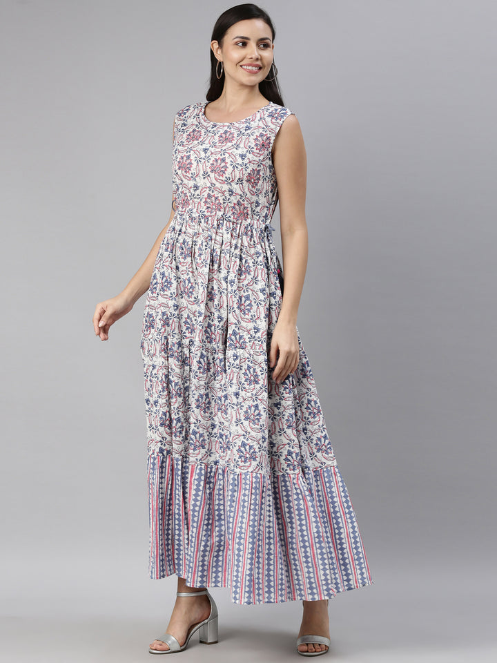 Neerus Women White  Blue Floral Printed Cotton Anarkali Kurta