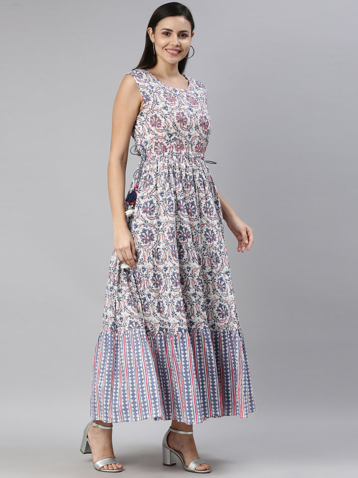 Neerus Women White  Blue Floral Printed Cotton Anarkali Kurta