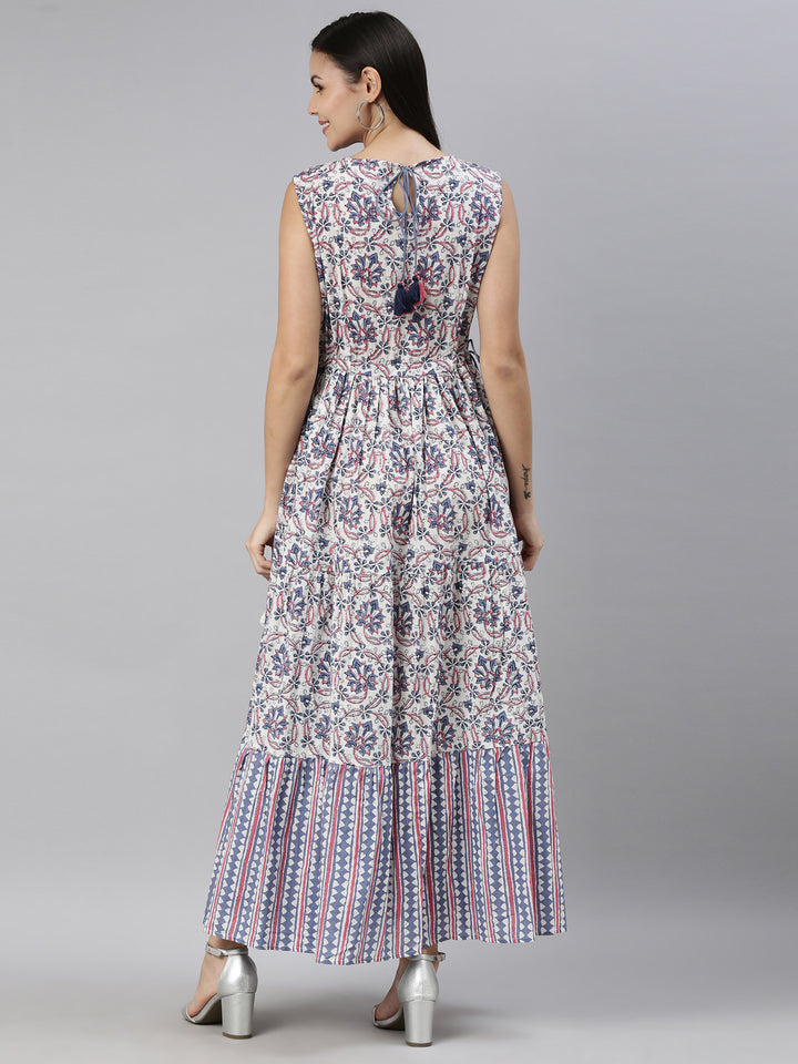 Neerus Women White  Blue Floral Printed Cotton Anarkali Kurta