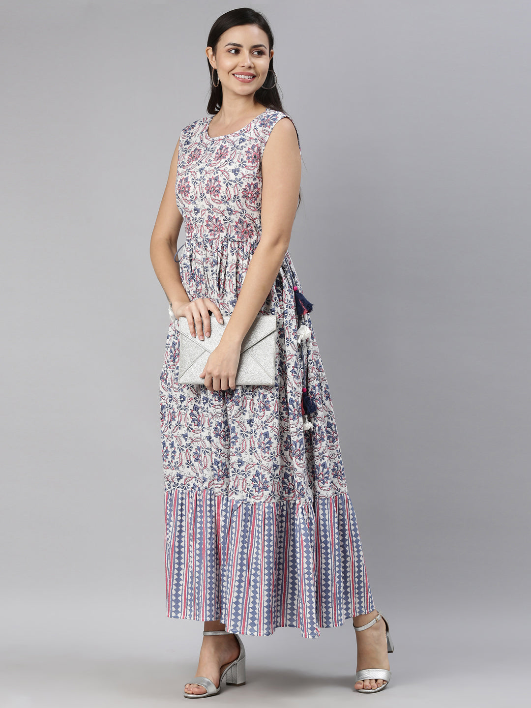 Neerus Women White  Blue Floral Printed Cotton Anarkali Kurta