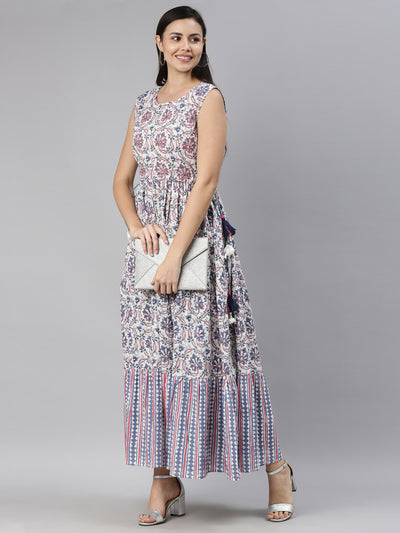 Neerus Women White  Blue Floral Printed Cotton Anarkali Kurta