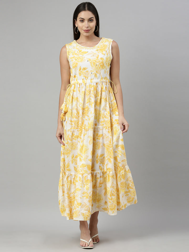 Neerus Yellow floral mirror work Anarkali kurta - front view