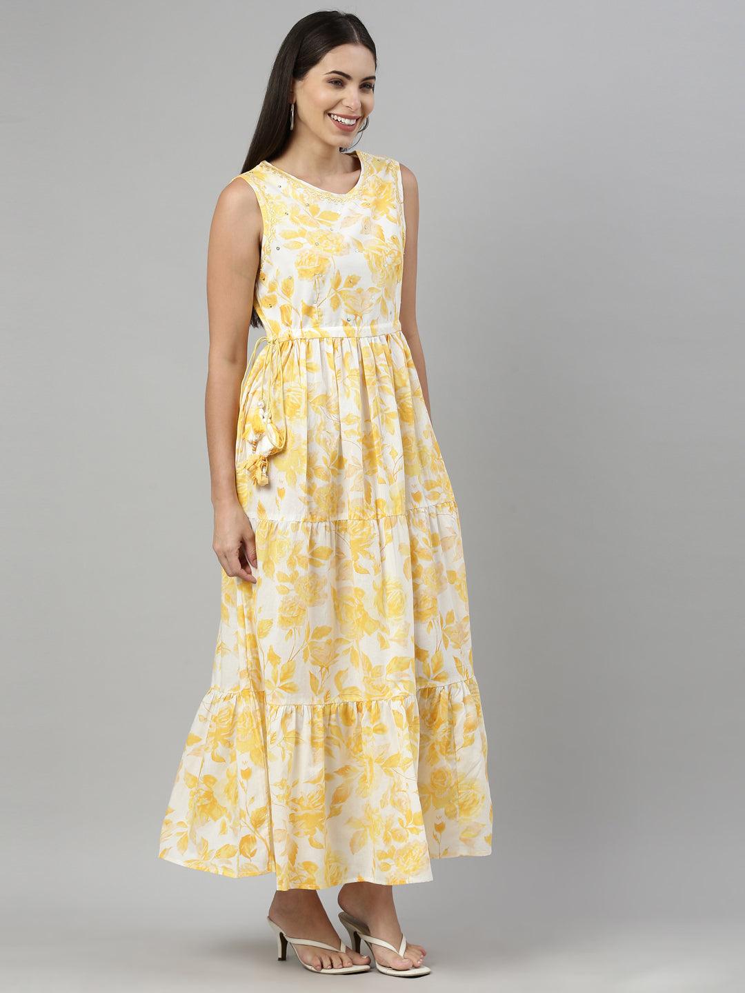 Neerus Yellow floral mirror work Anarkali kurta - back view