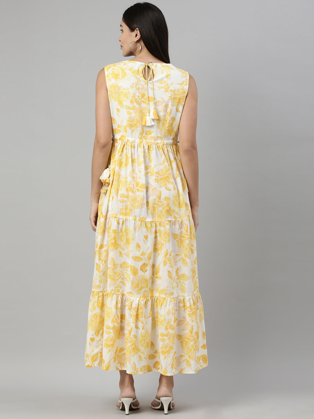 Neerus Yellow floral mirror work Anarkali kurta - side view