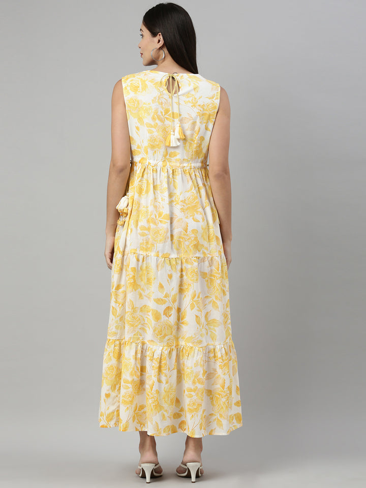 Neerus Yellow floral mirror work Anarkali kurta - side view