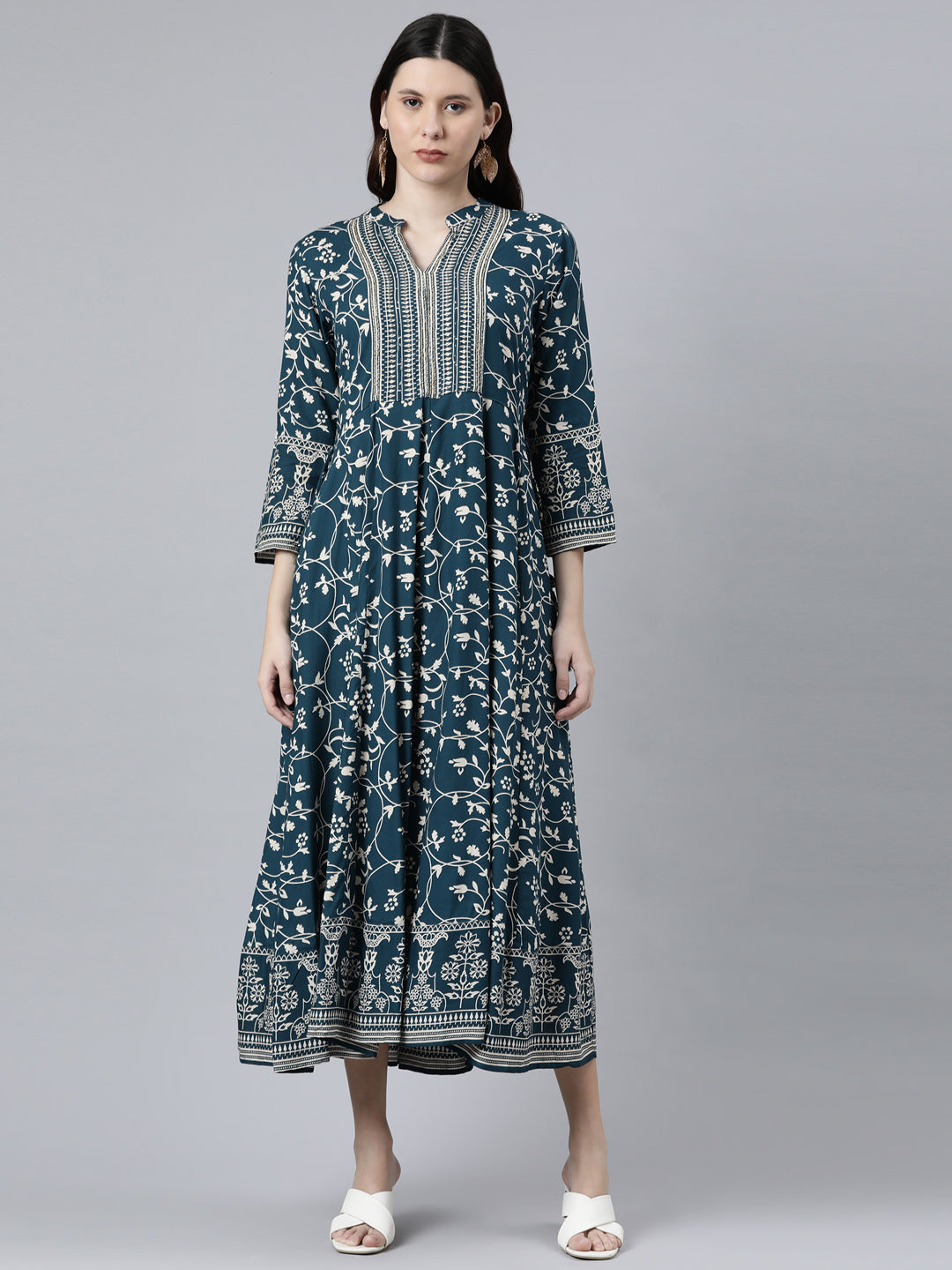 Neerus Women Teal Floral Printed Anarkali Kurta