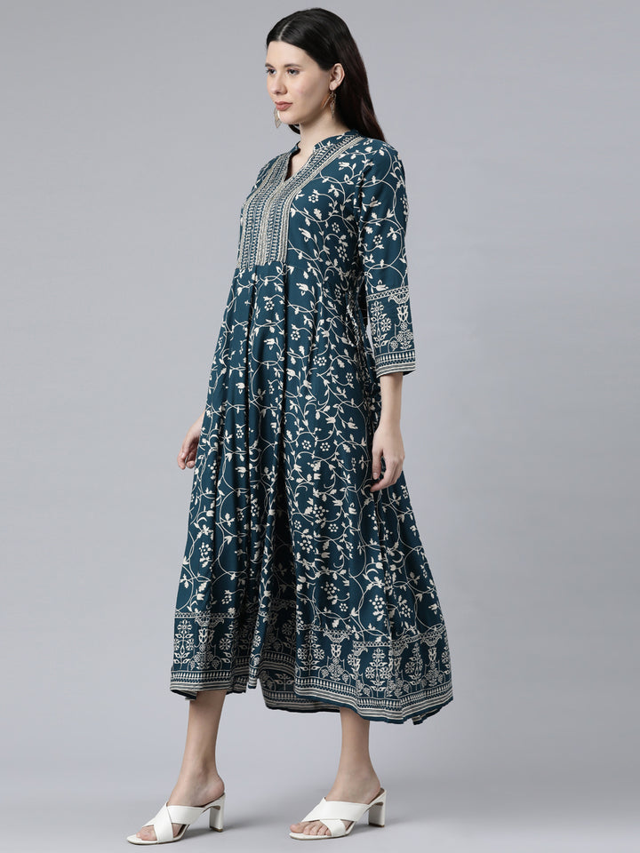 Neerus Women Teal Floral Printed Anarkali Kurta