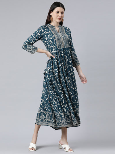 Neerus Women Teal Floral Printed Anarkali Kurta