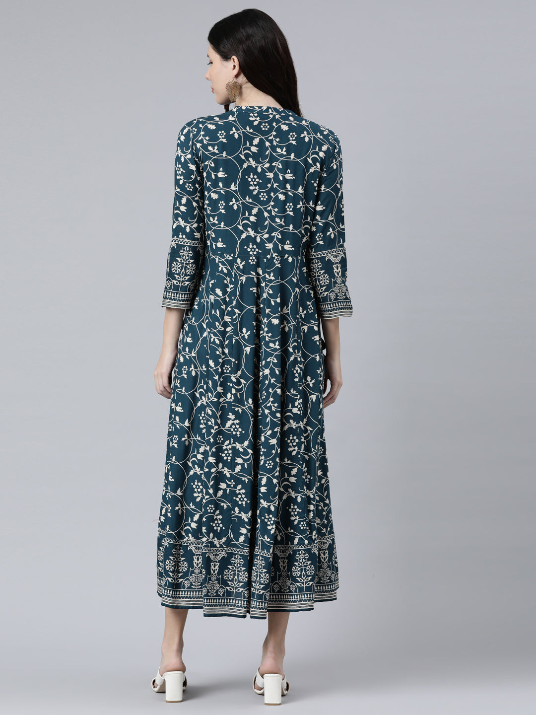 Neerus Women Teal Floral Printed Anarkali Kurta