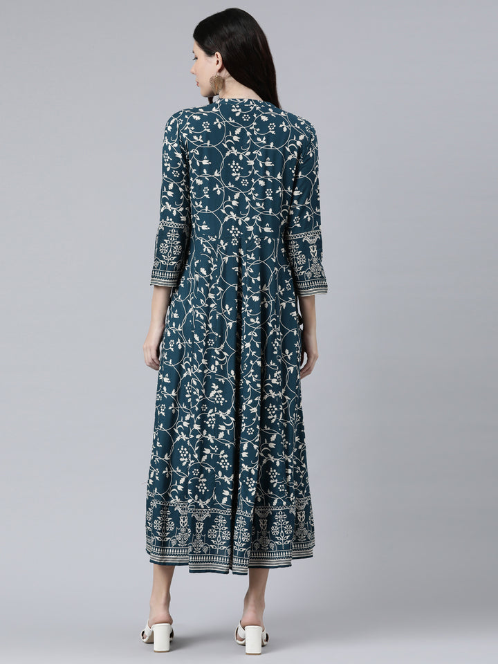 Neerus Women Teal Floral Printed Anarkali Kurta