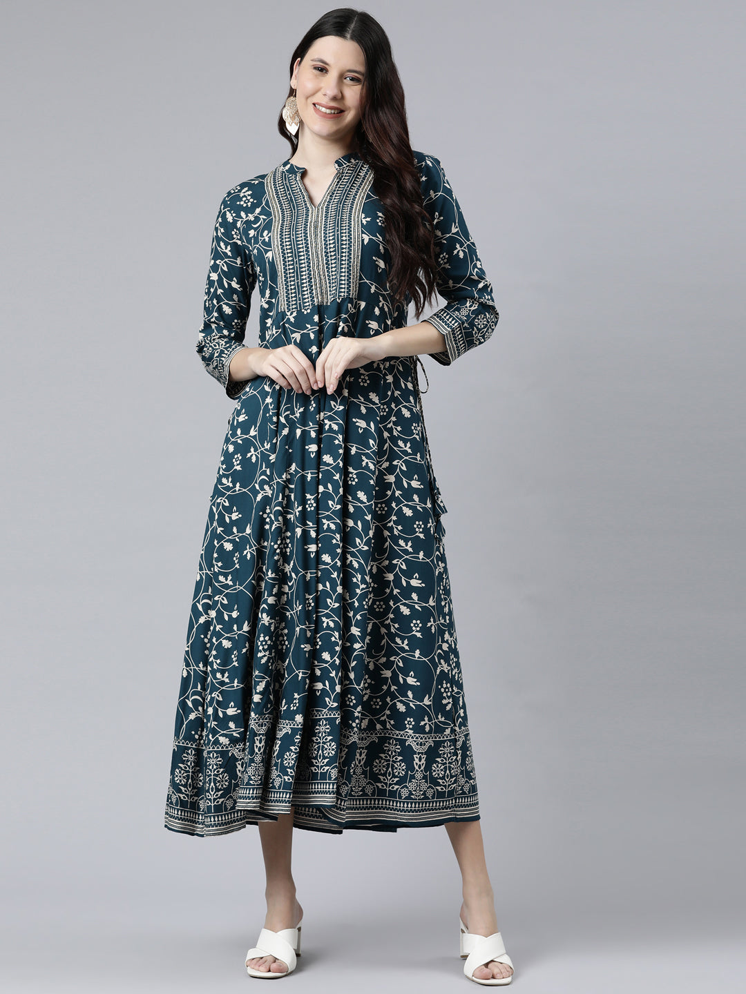 Neerus Women Teal Floral Printed Anarkali Kurta