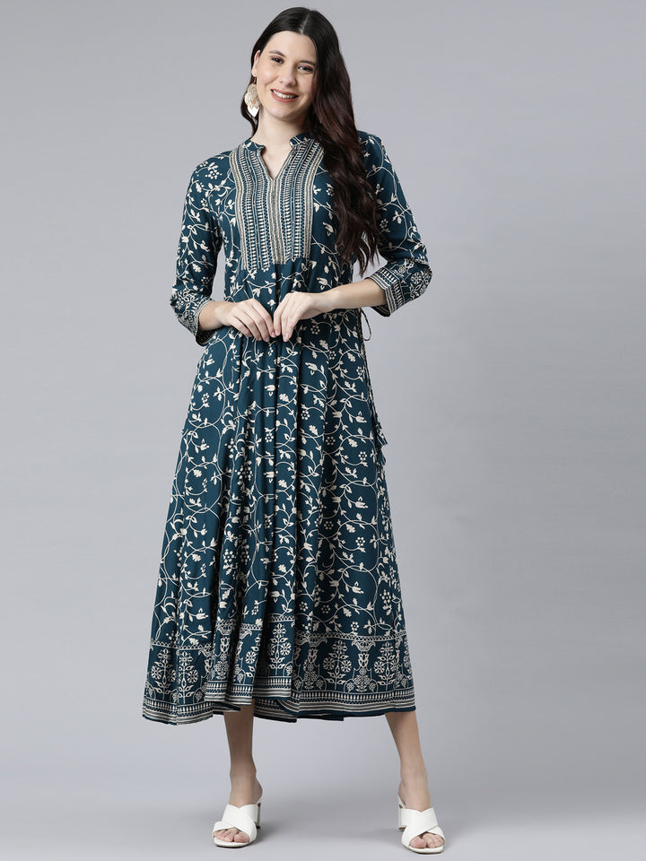 Neerus Women Teal Floral Printed Anarkali Kurta