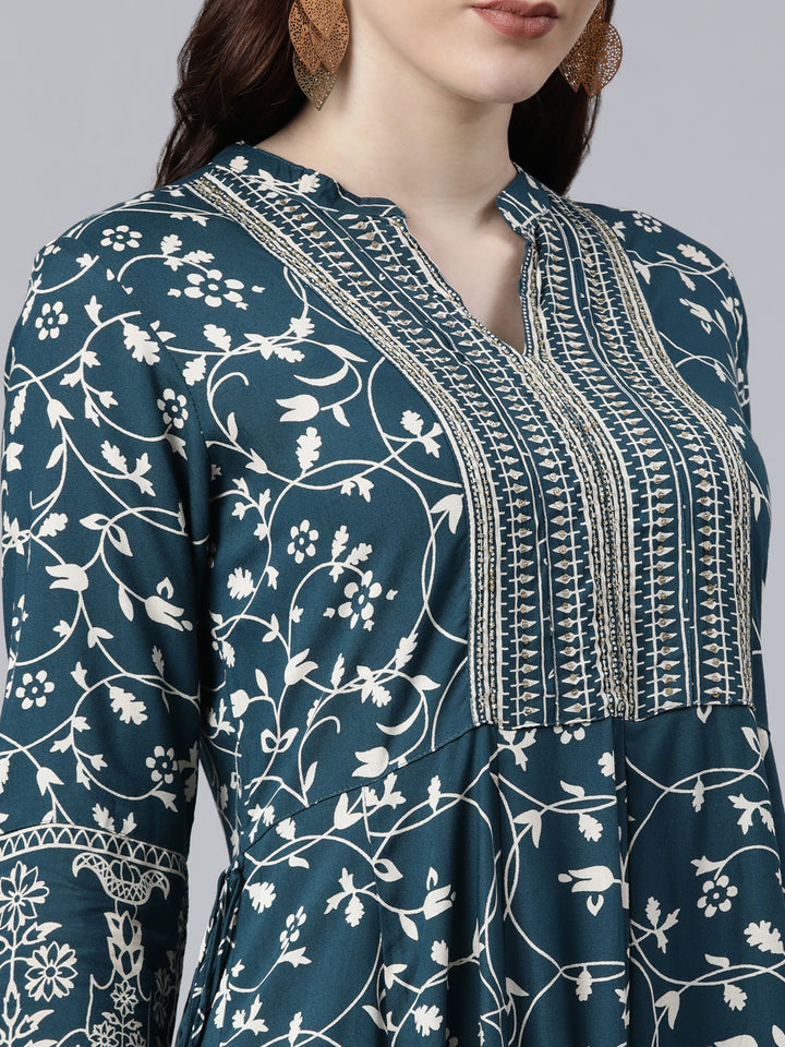 Neerus Women Teal Floral Printed Anarkali Kurta