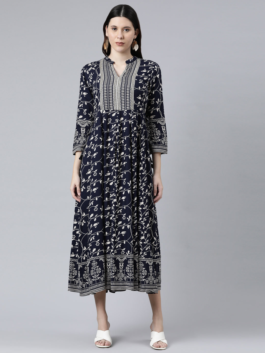 Neerus Navy Blue Color Rayon Fabric Dress