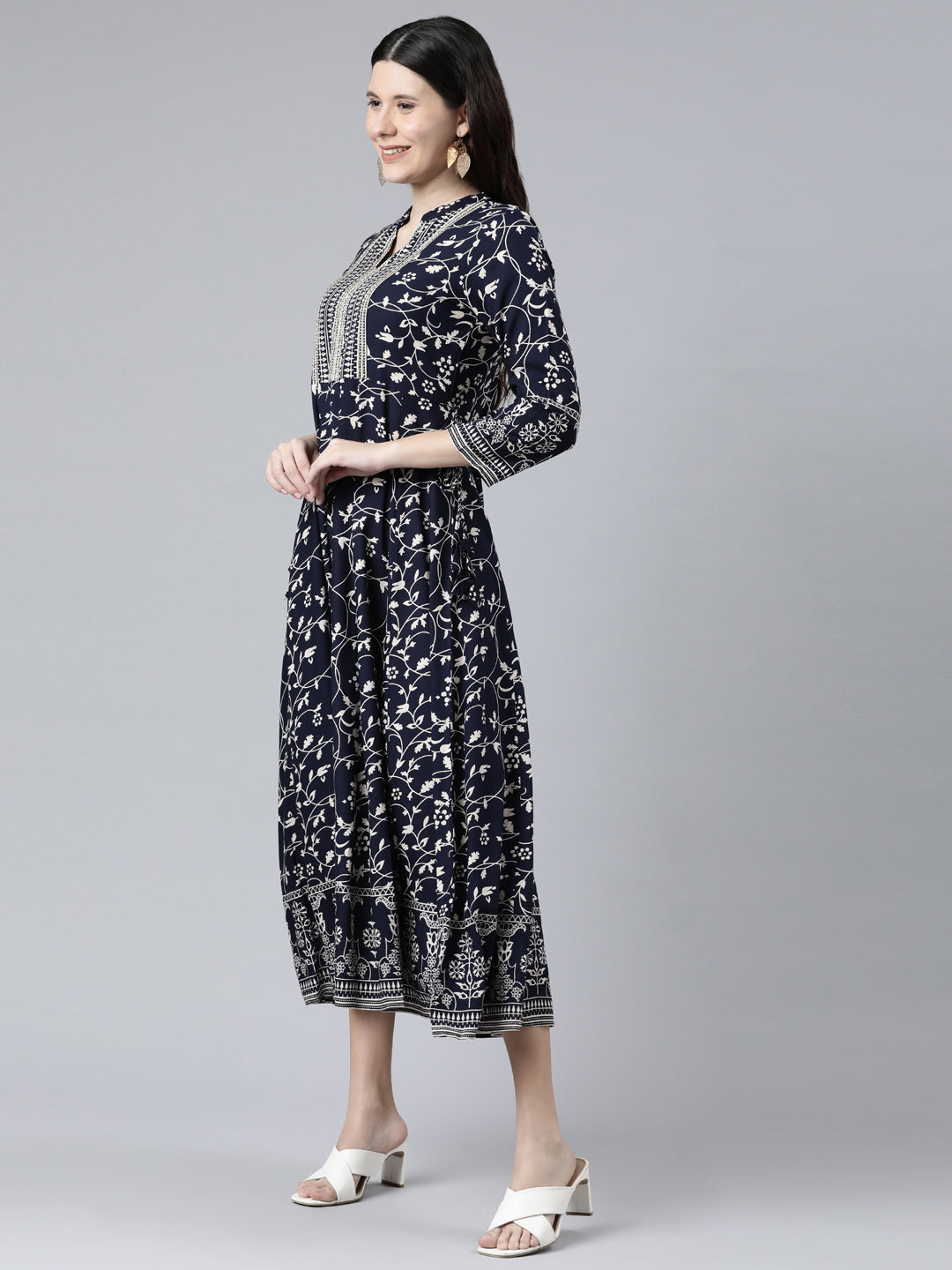 Neerus Navy Blue Color Rayon Fabric Dress