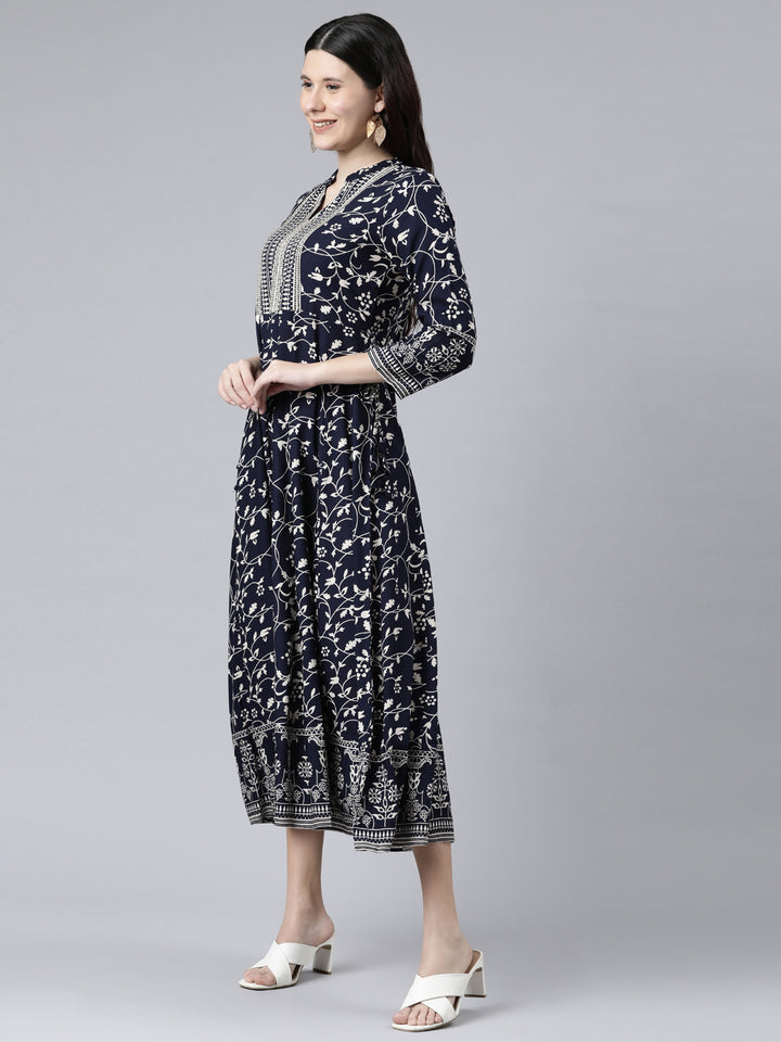 Neerus Navy Blue Color Rayon Fabric Dress
